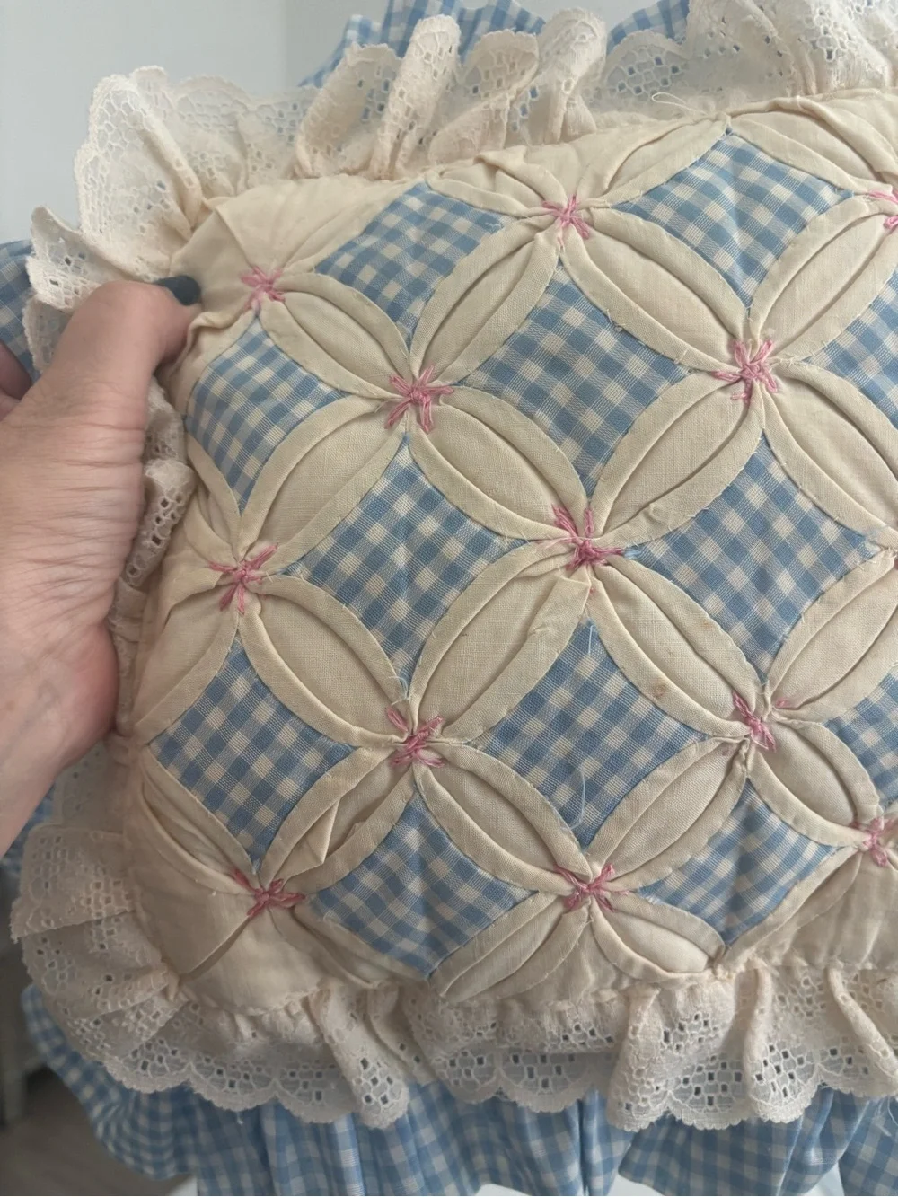 Handcrafted Blue Gingham Pillow Cathedral Window  w/Lace Final Sale